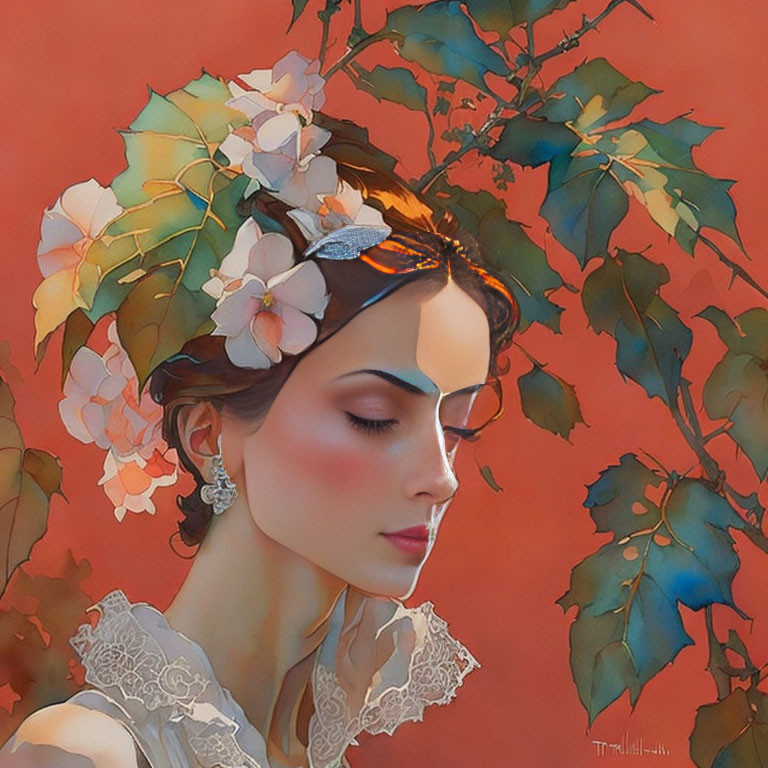 Woman with serene expression wearing floral headpiece and butterfly, set against autumn leaves.