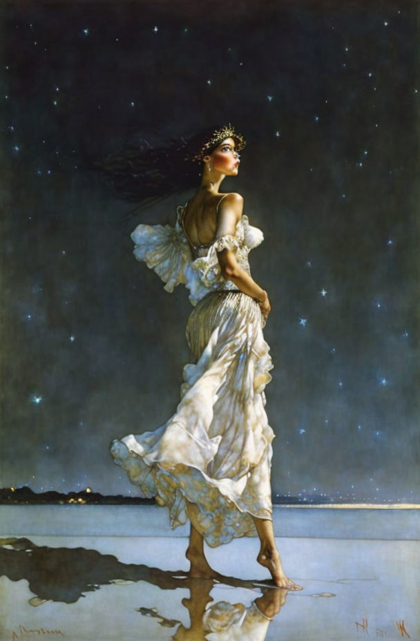 Woman in Ethereal White Dress by Serene Waterfront at Starry Night Sky