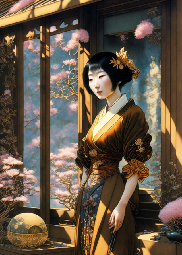 Traditional Japanese Kimono Woman by Open Window with Cherry Blossoms