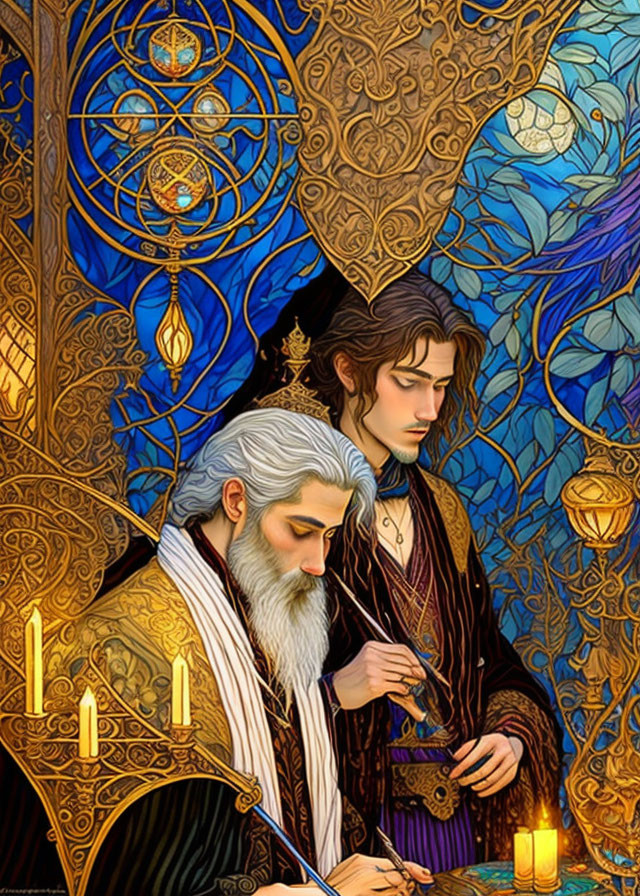 Illustration of two figures in ornate room with candles and stained glass