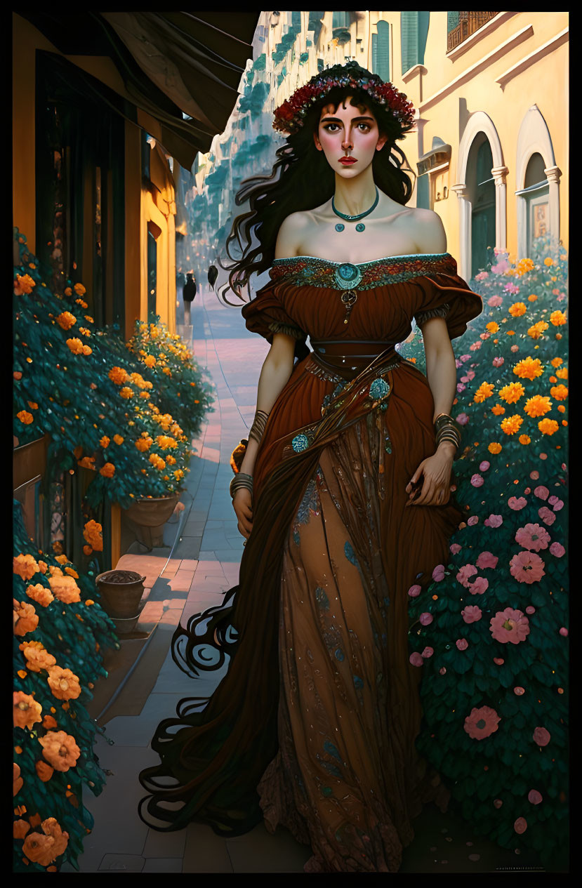 Digital artwork: Elegant woman in brown dress with floral crown on colorful flower-lined street