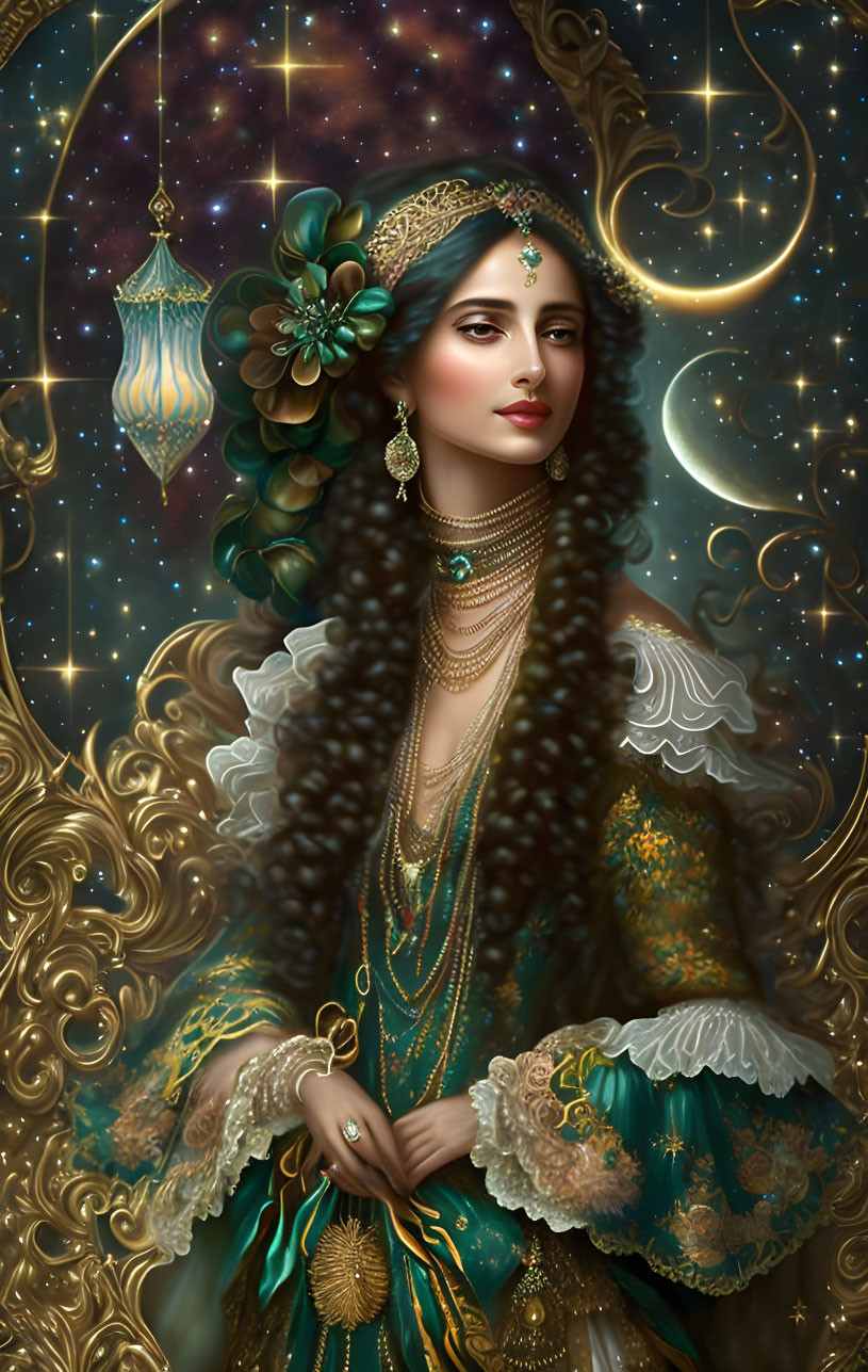 Dark-haired woman in gold-trimmed teal clothing under celestial night sky