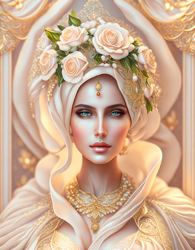 Detailed illustration: Woman with floral crown, gold jewelry, white headscarf, ornate background