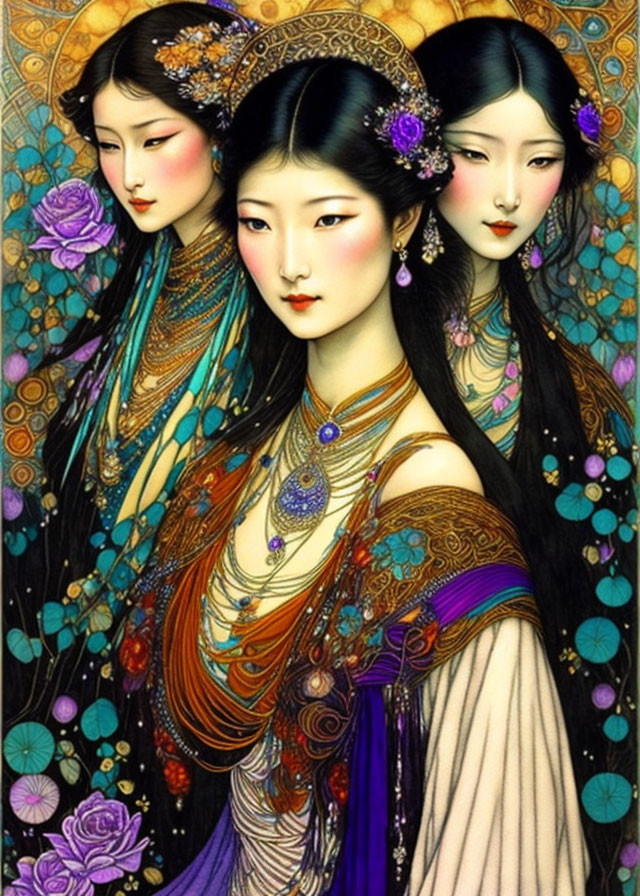 Stylized Asian women in colorful garments against floral backdrop