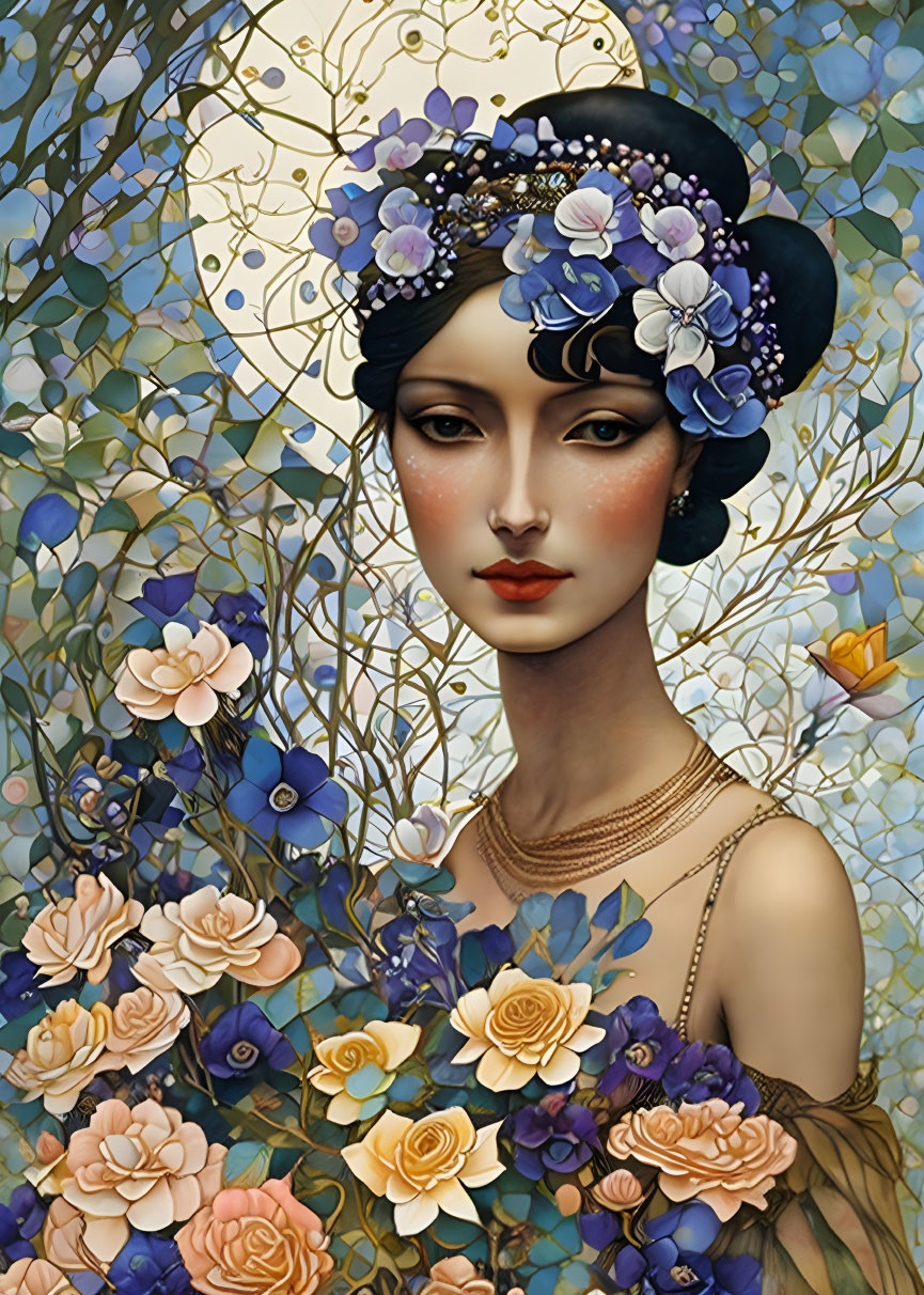 Illustrated woman with dark hair and floral adornments in blue and gold.