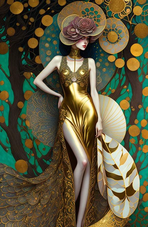 Golden dress and hat woman illustration with fan in ornate setting