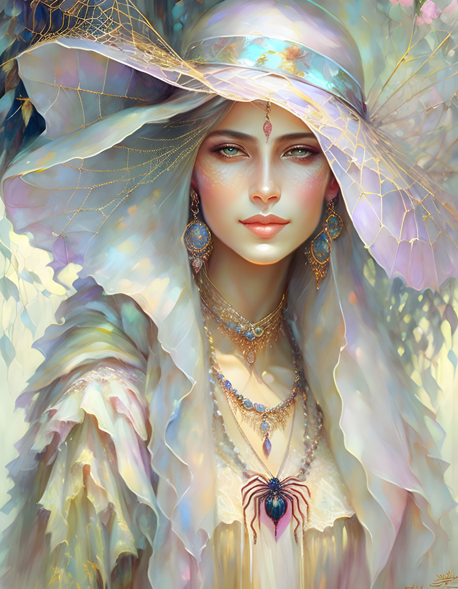 Ethereal woman in wide-brimmed hat and jewelry amidst pastel colors