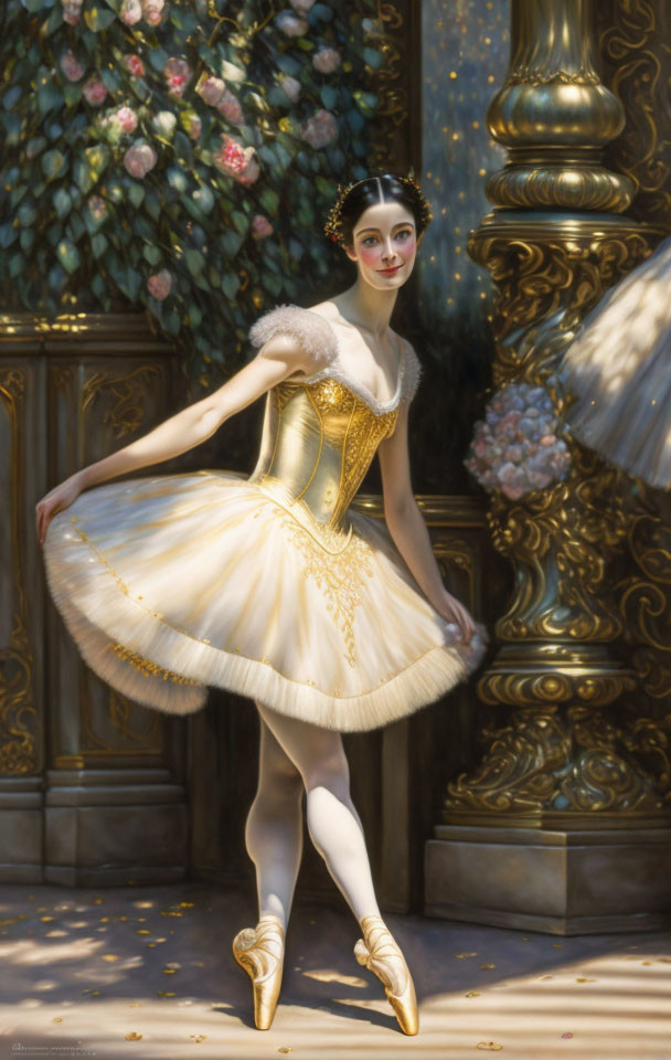 Elegant ballerina in white and gold tutu amid blooming roses