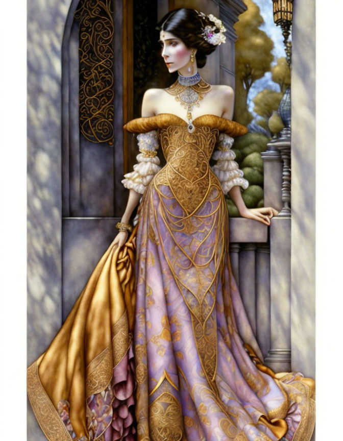 Victorian woman in golden gown with necklace and flower by stone balcony