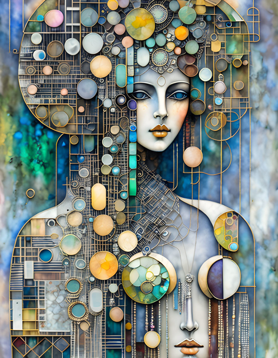 Geometric Abstract Portrait with Vibrant Circles and Blue Skin Tones