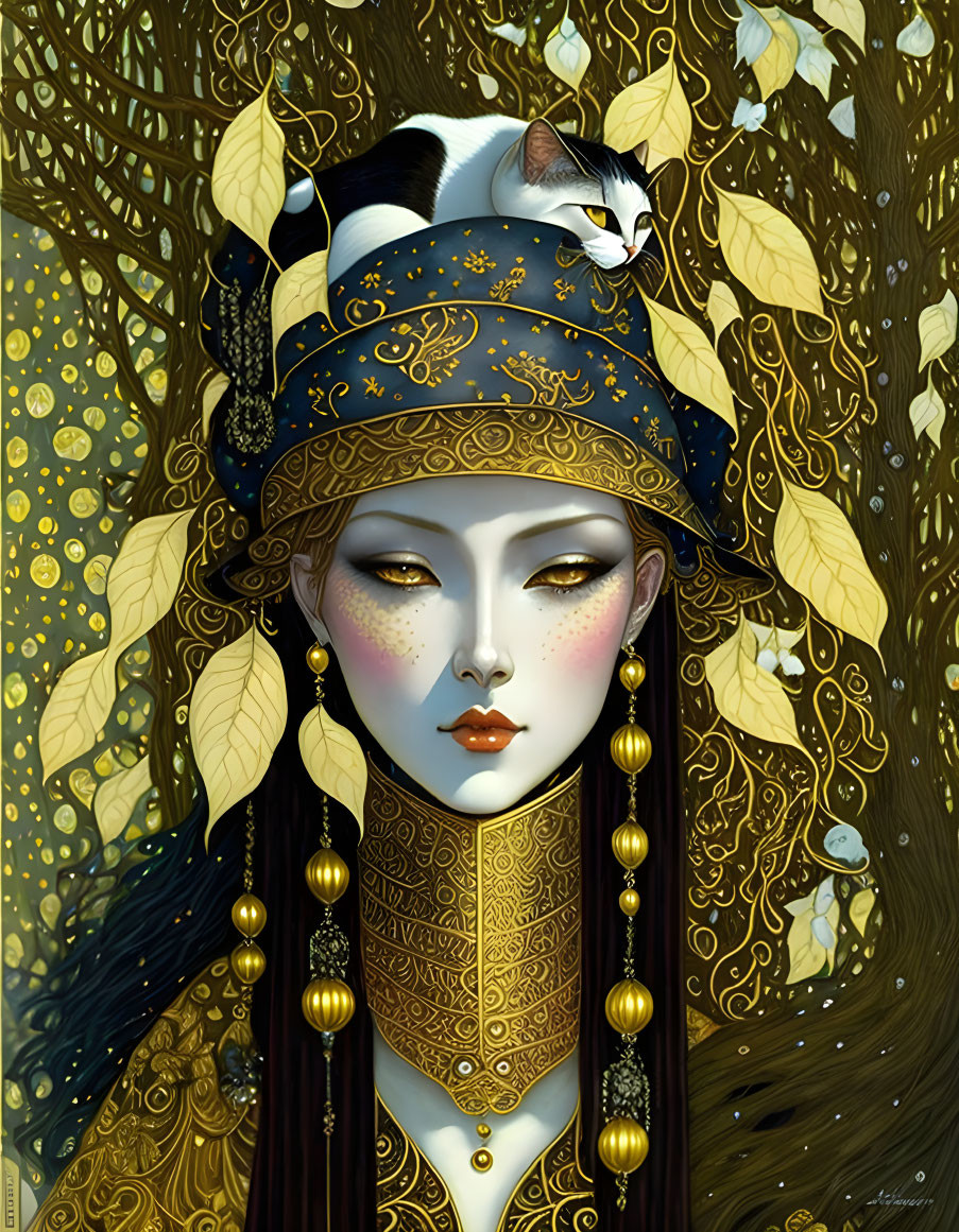 Illustrated woman with golden headwear and cat among yellow leaves