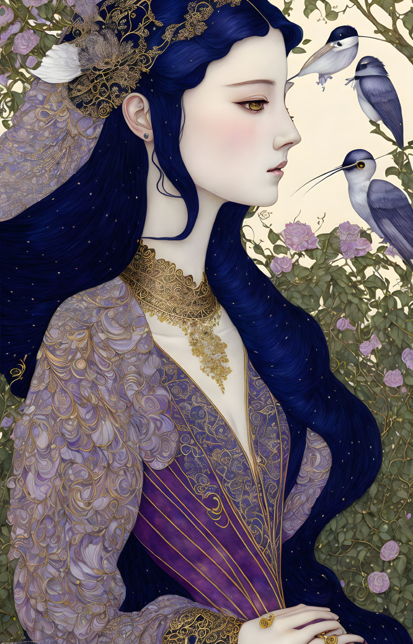 Illustration of woman with blue hair, gold accessories, birds, flowers, intricate gold details.