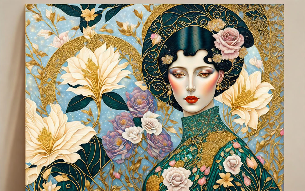 Art Nouveau style illustration of woman with ornate floral patterns