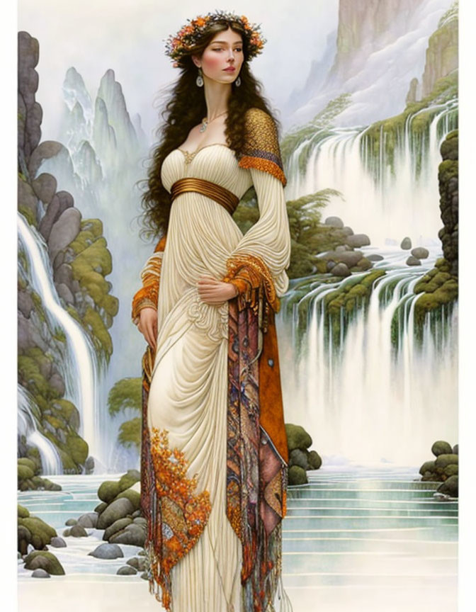 Graceful woman in flowing dress with flower crown against serene waterfall backdrop