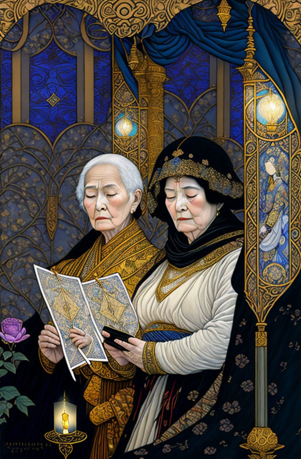 Elderly women in medieval attire reading by candlelight