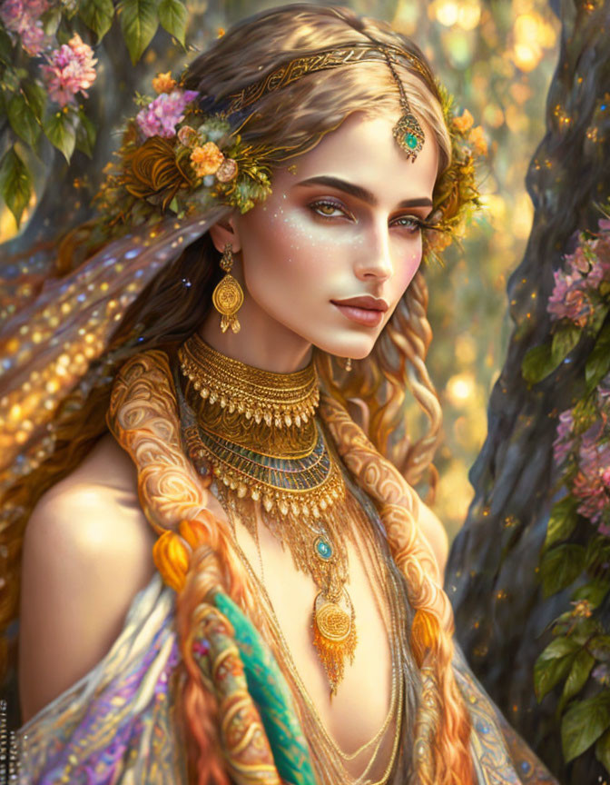 Elven woman portrait with floral crown and golden jewelry