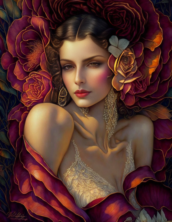 Serene woman surrounded by vibrant red and gold roses