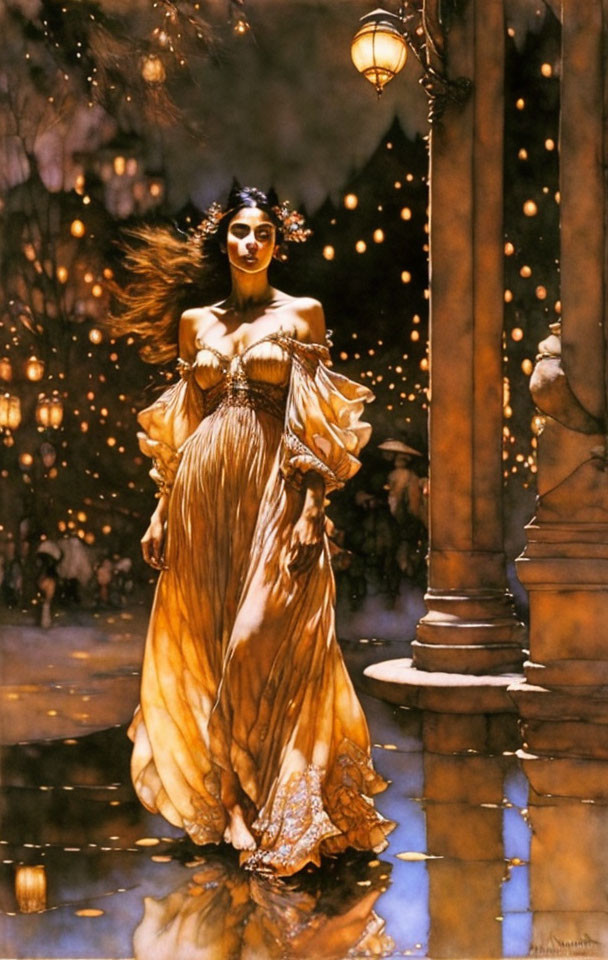 Golden dress woman in dreamlike lamp-lit scene with floating lights.