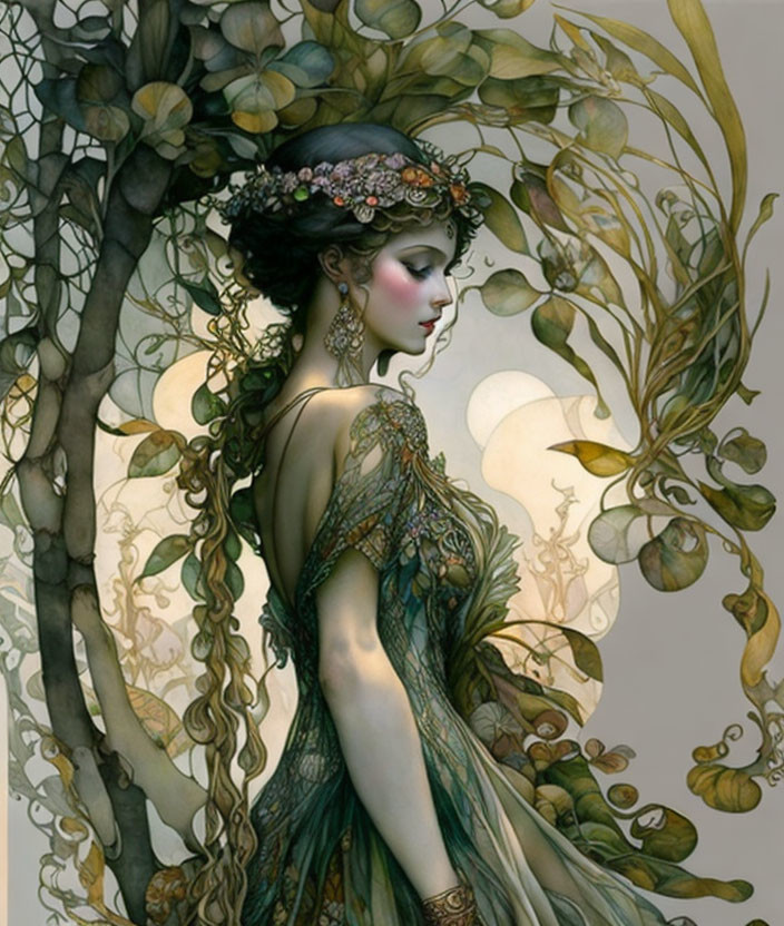 Fantasy illustration of woman with leafy headpiece and dress in whimsical plant setting.