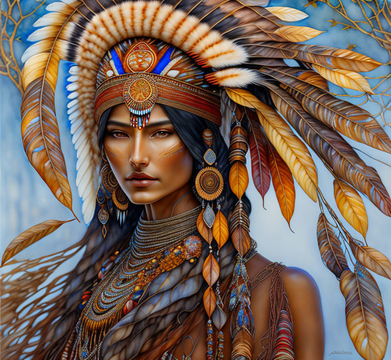 Portrait of Person in Indigenous Attire with Feathered Headdress