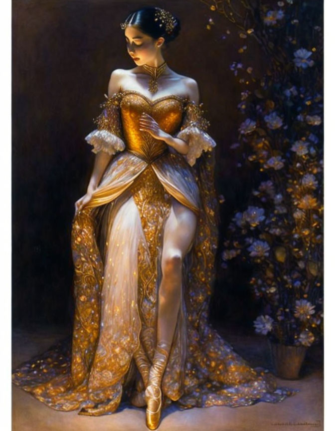 Elegant woman in gold dress by blossoming trees