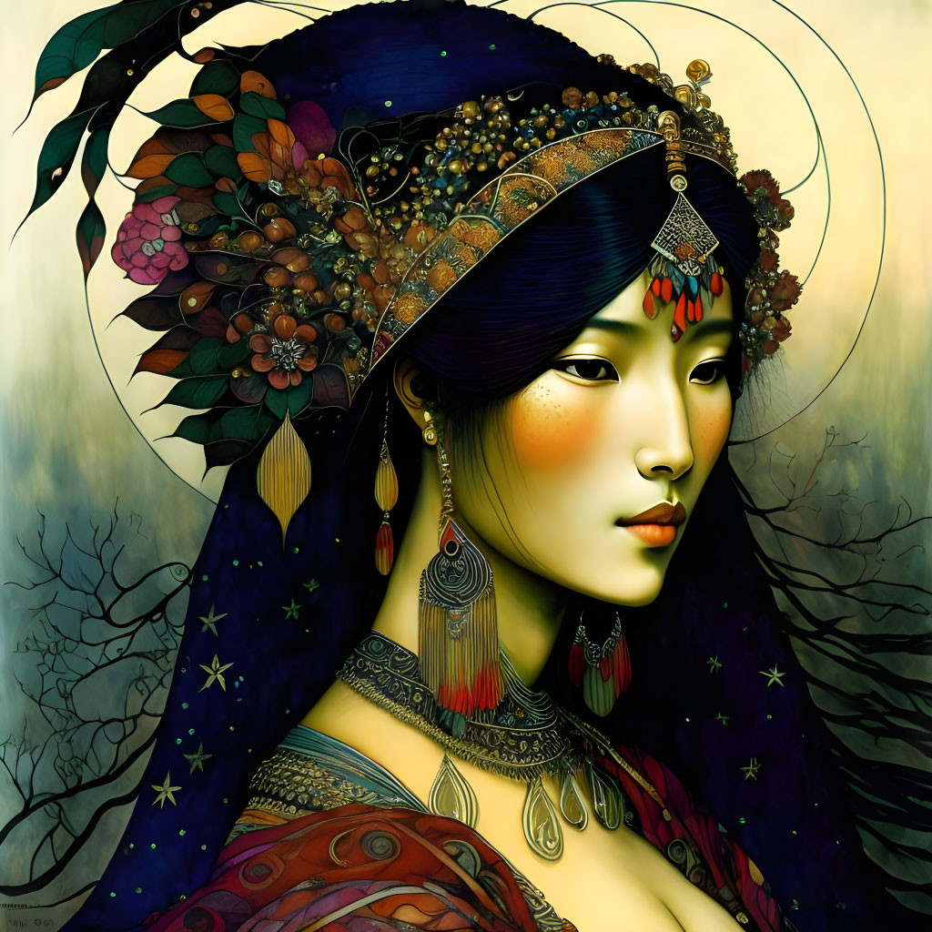 Asian Woman Illustration: Adorned Headwear, Intricate Jewelry, Colorful Robe