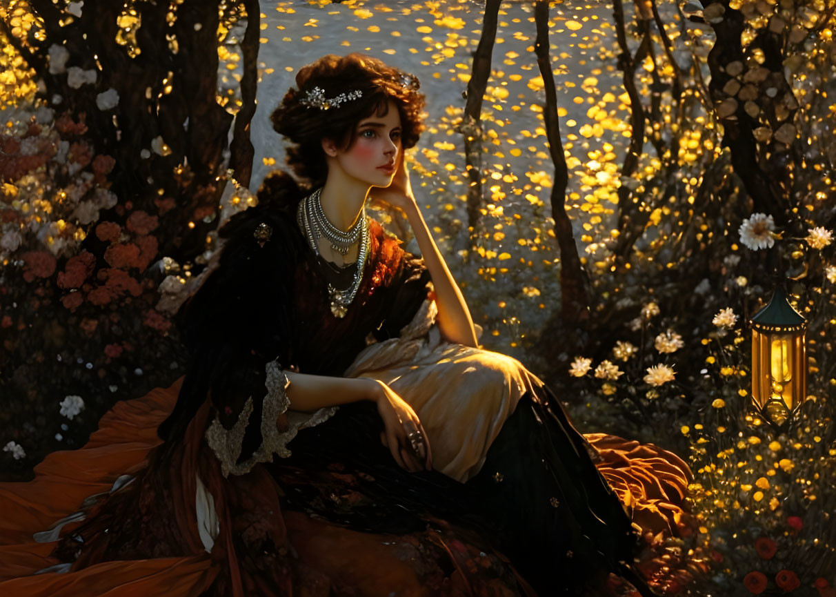 Vintage Attired Woman Pensively Sitting in Twilight Garden