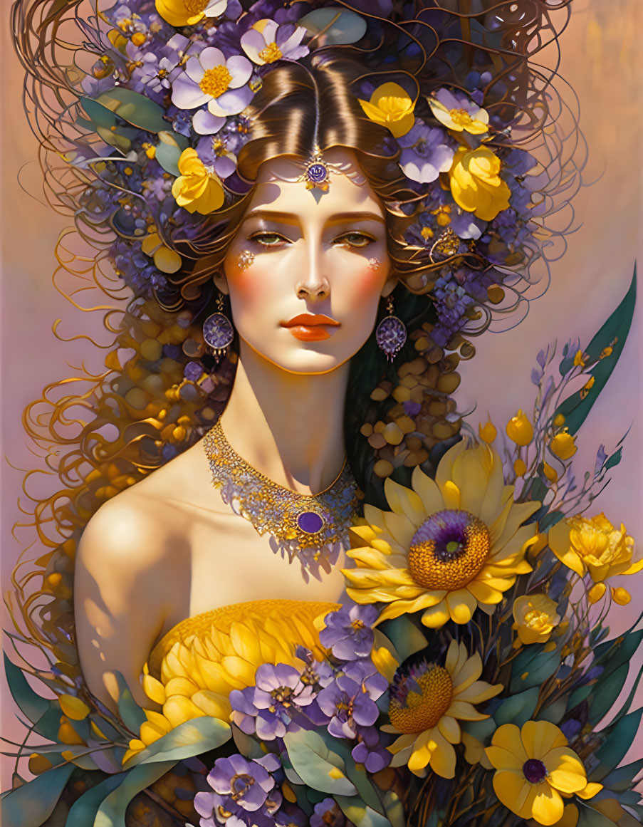 Ethereal woman with flowers and jewelry in golden and purple hues