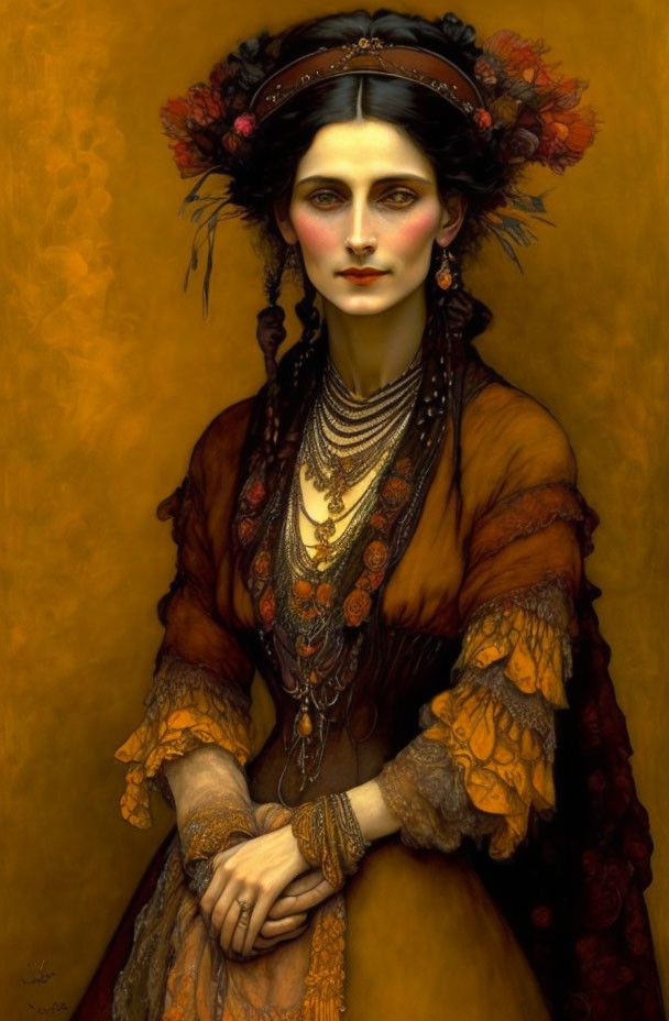 Portrait of woman in ornate attire against golden backdrop