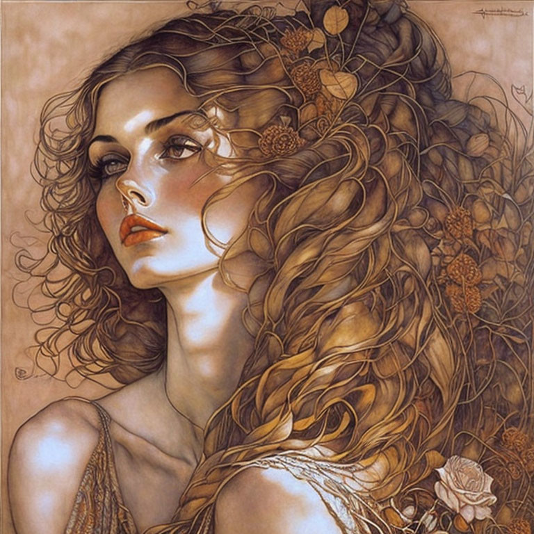 Woman with Flowing Hair and Flower Adornments: Romantic Vintage Art