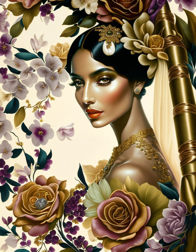 Digital artwork of woman with gold jewelry in floral frame