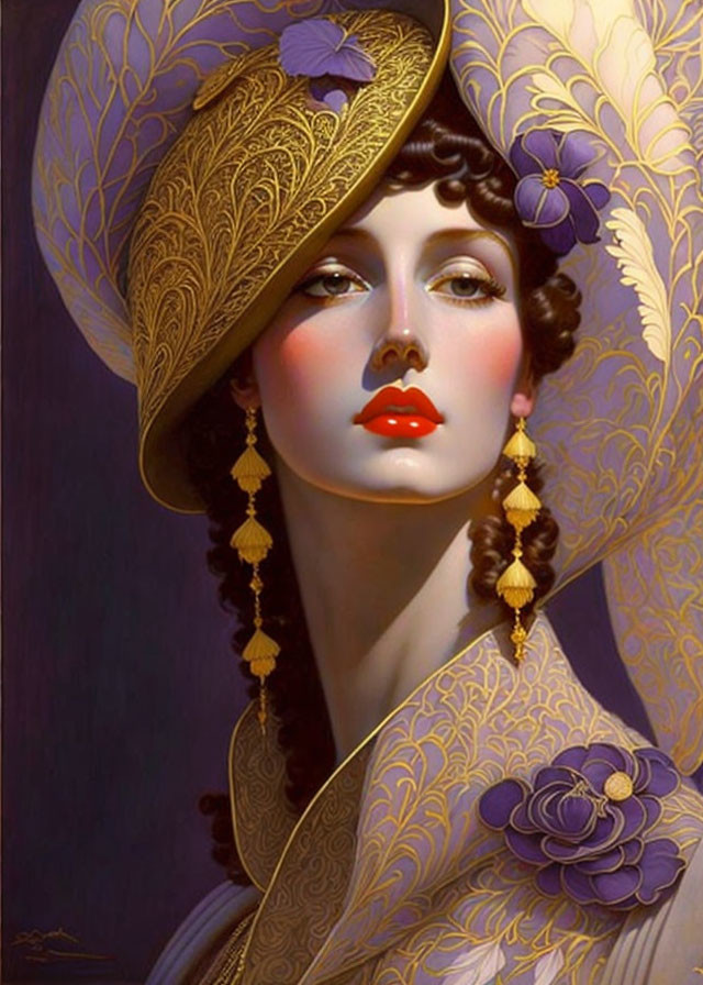 Stylish woman in wide-brimmed hat with gold patterns and purple flowers, red lipstick,