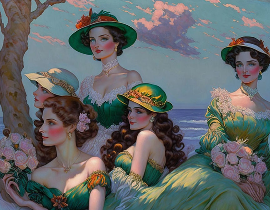 Vintage Green Dresses and Hats: Four Elegant Women in Floral Adornments Against Scenic Backdrop