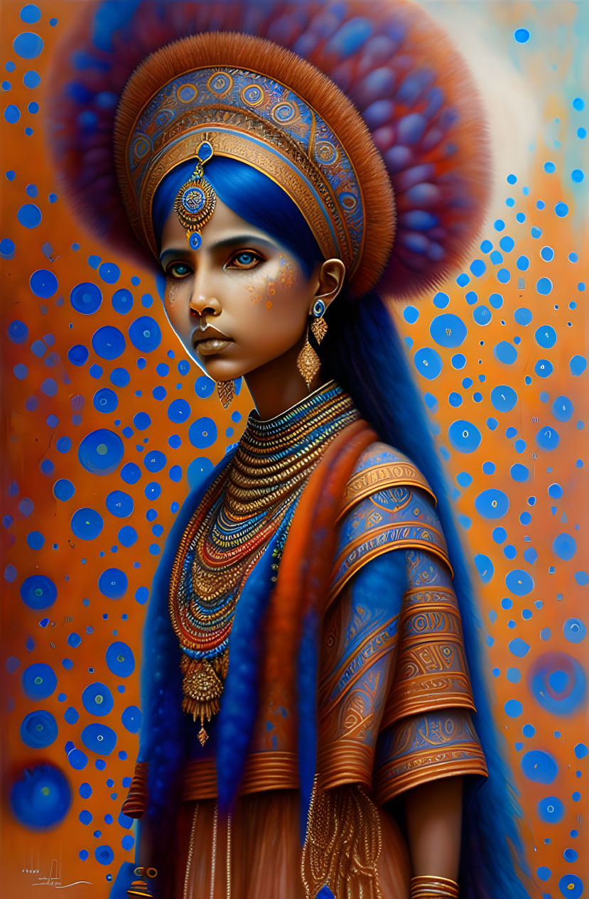 Blue-skinned woman with gold jewelry on orange background.