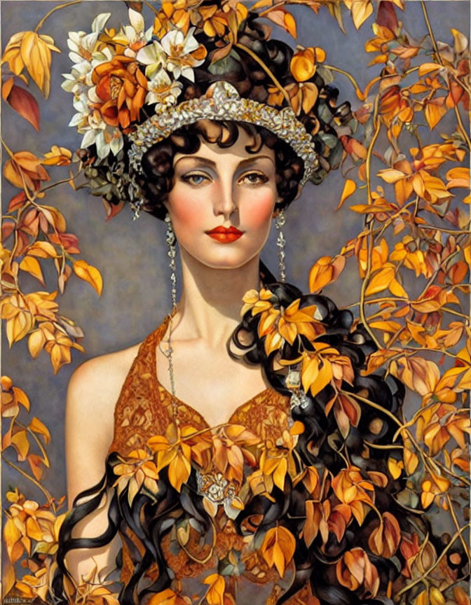 Portrait of Woman with Autumn Wreath and Lace Shawl