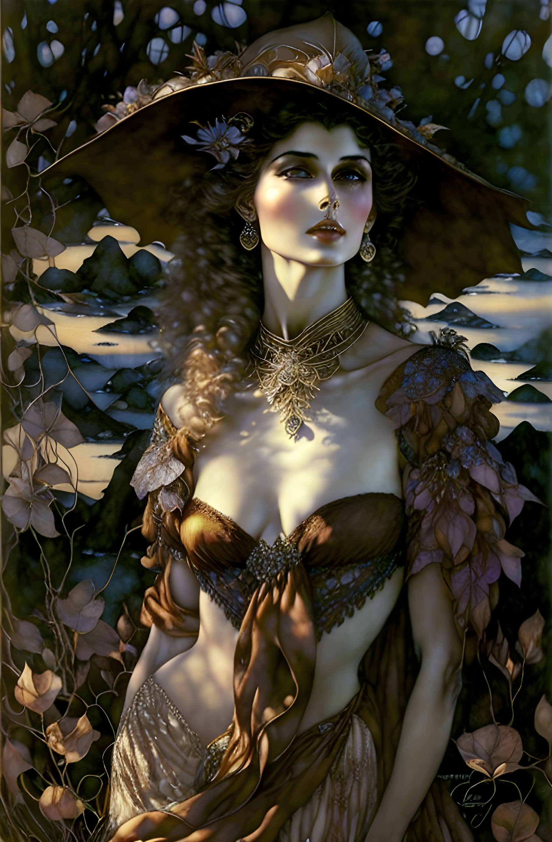 Mystical woman in wide-brimmed hat with intricate jewelry in moonlit forest