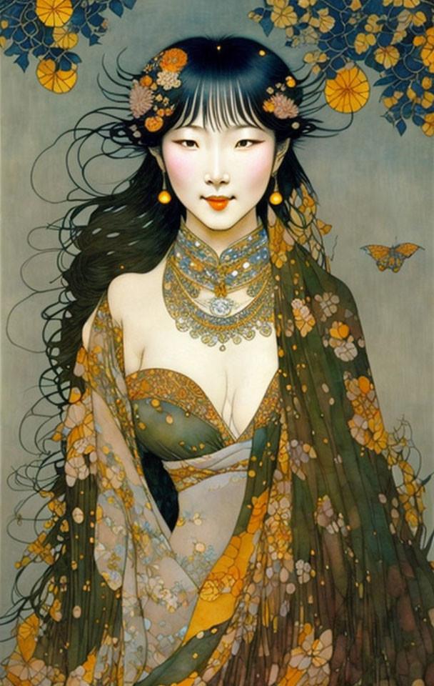 Illustration of woman with pale skin, black hair, flowers, butterflies, in green & gold dress