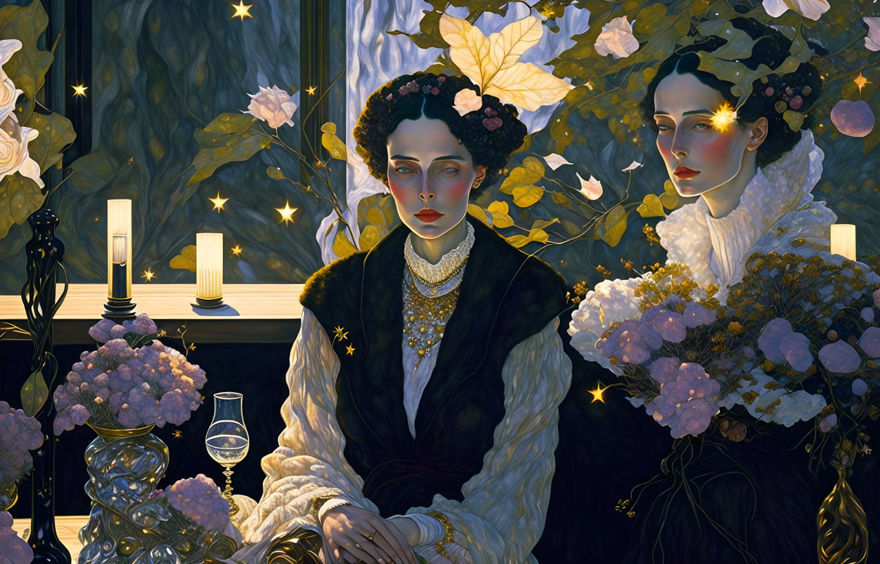 Two women in floral headpieces and vintage attire at table with candles and wine glass under starry night