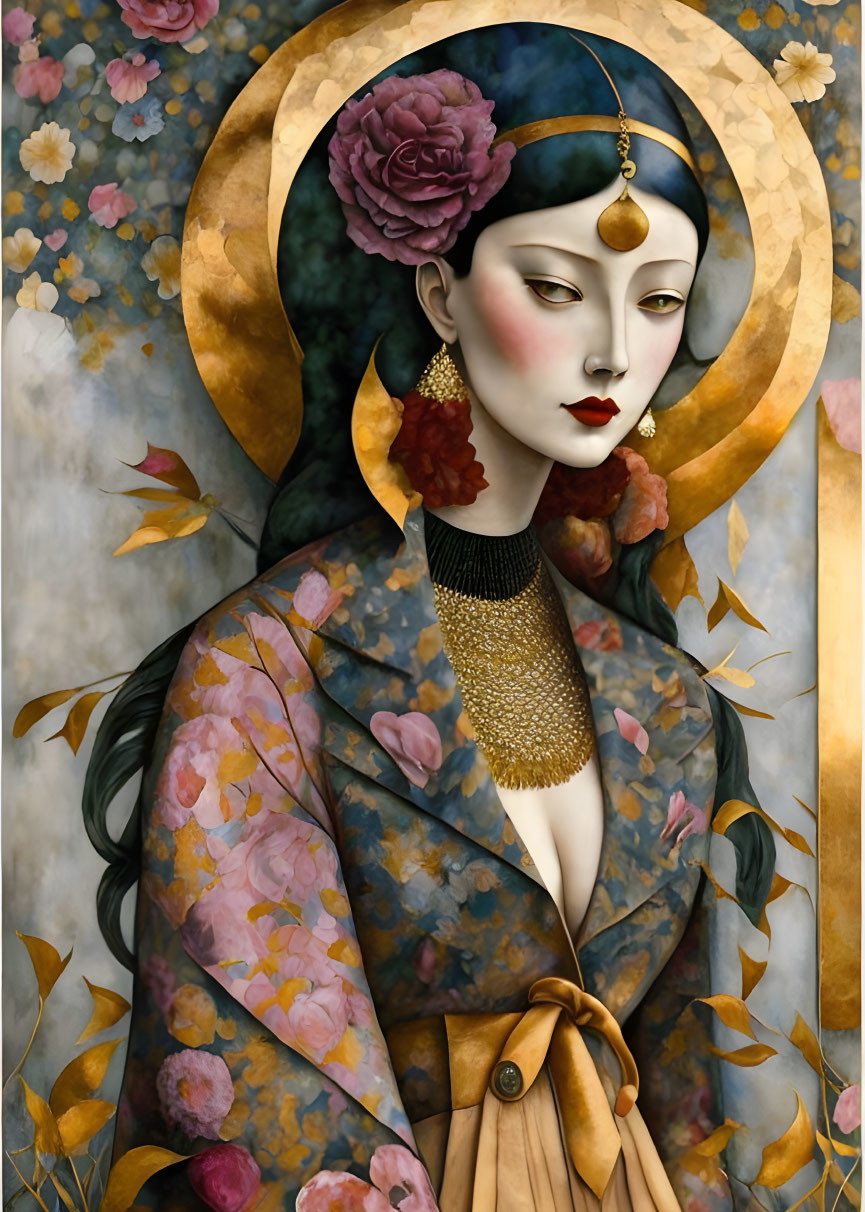 Stylized portrait of a woman with floral halo and gold accessories against floral backdrop