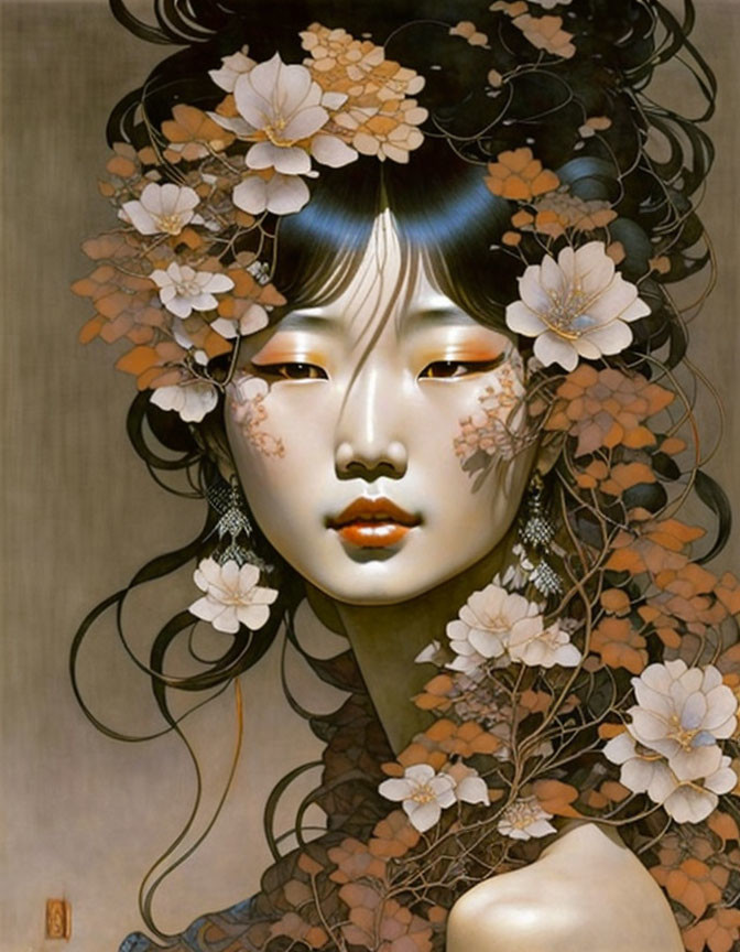 Portrait of woman with delicate flowers in hair, blending traditional Asian style with modern touch