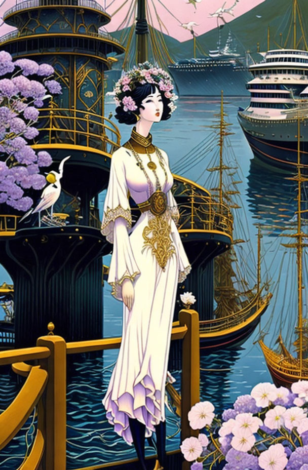 Traditional Attire Animated Lady on Dock with Ships and Purple Flowers