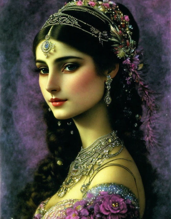 Portrait of a Woman with Intricate Jewelry and Feathered Hair Accessory