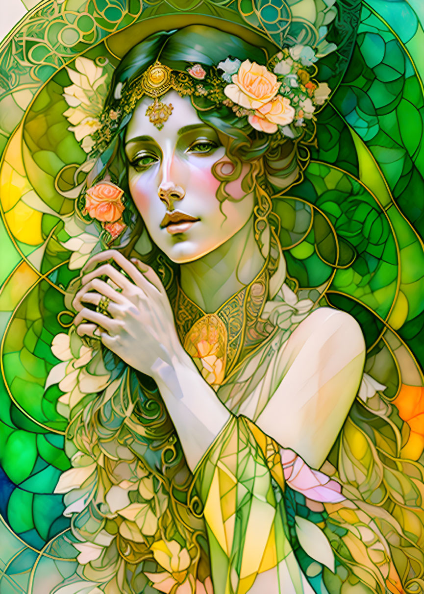 Illustrated woman with floral headpiece in vibrant green and yellow patterns