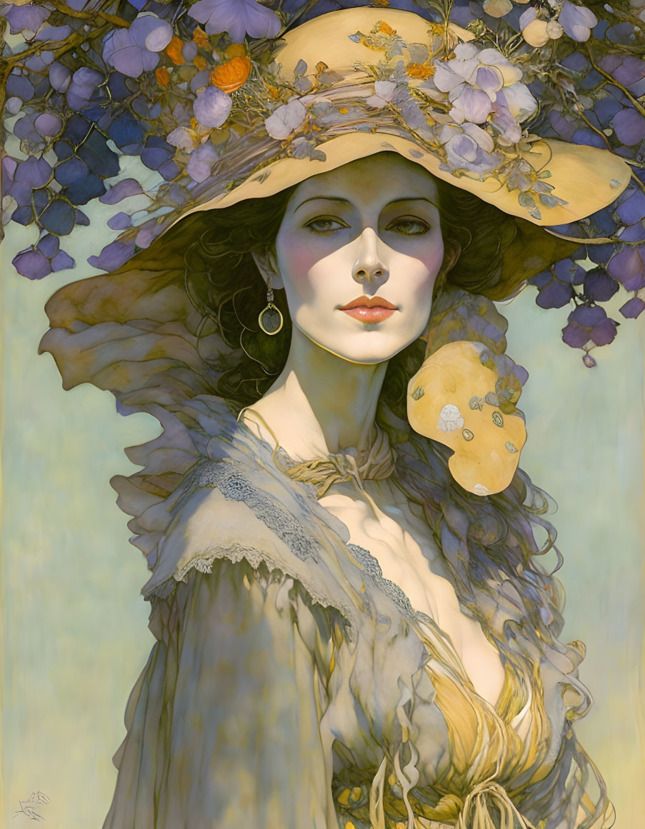 Illustrated woman in floral hat on pastel background