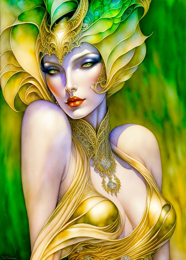 Female figure with gold and green headpiece and jewelry on vibrant green background