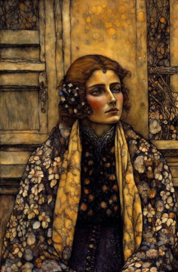 Woman with Flowers in Hair and Floral Shawl, Pensively Gazing in Muted Tones