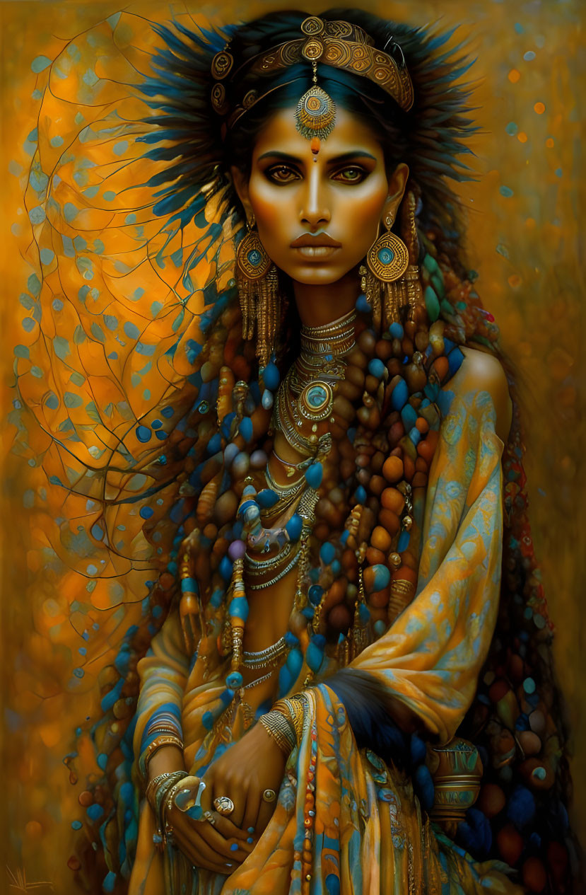 Elaborately adorned woman with feathered headdress in golden backdrop