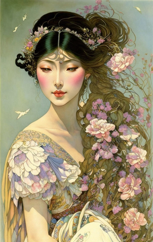 Detailed Asian woman illustration with floral hair adornments and butterfly motifs