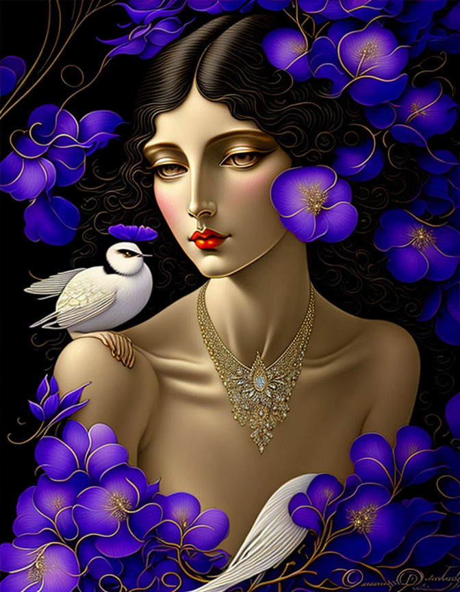 Illustrated portrait of woman with pale skin and dark hair surrounded by vibrant purple flowers and a small white