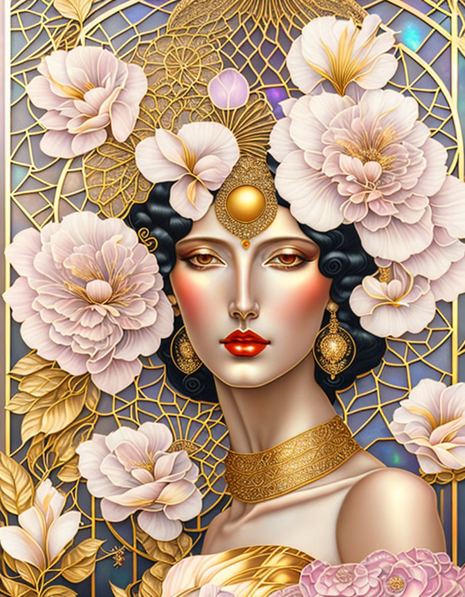 Illustrated portrait of woman with pale pink flowers and ornate golden jewelry